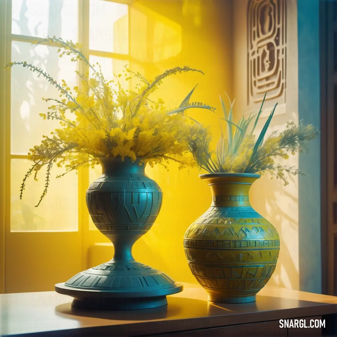 Two vases with flowers on a table in front of a window with a yellow wall behind them and a window sill with a yellow curtain