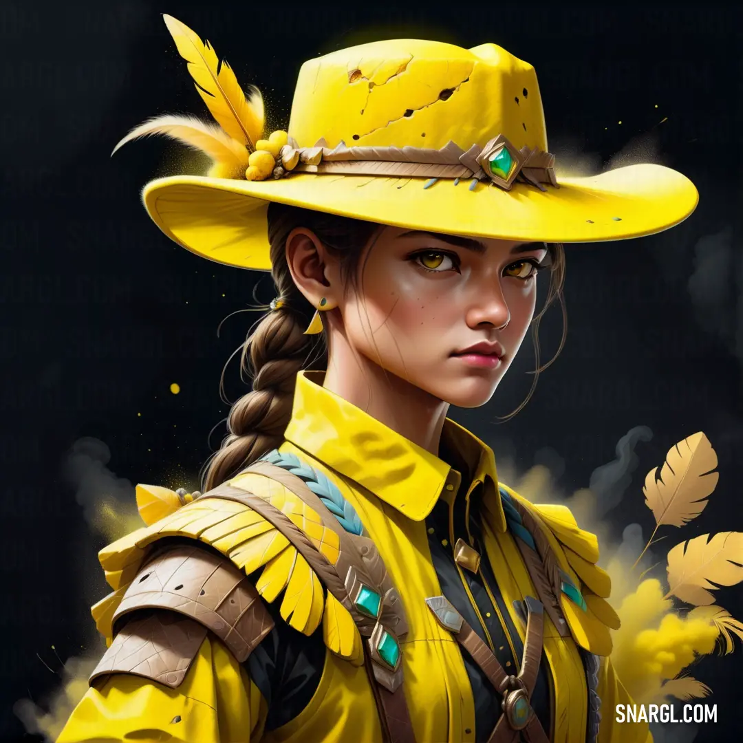 Gold color example: Woman in a yellow hat and yellow jacket with feathers on her head and a black background
