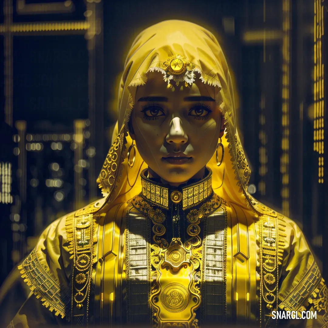 Woman in a yellow outfit with a gold head piece and a gold veil on her head. Color CMYK 0,16,100,0.
