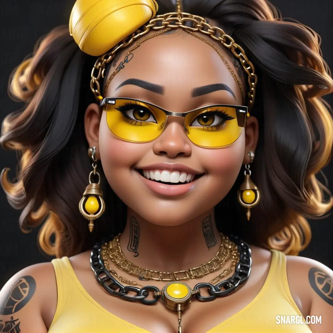 Woman with a yellow top and yellow glasses on her face and a yellow necklace on her head. Example of Gold color.
