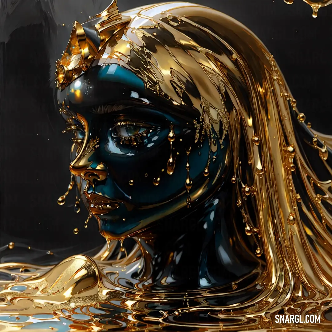 Woman with gold paint on her face and face is surrounded by water droplets