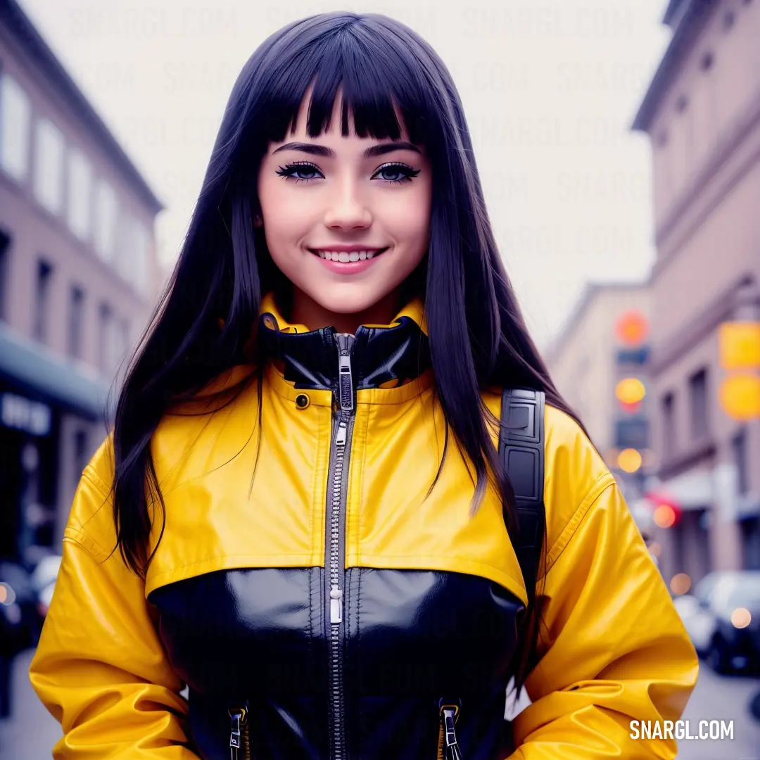 Woman with long hair wearing a yellow and black jacket and smiling at the camera with a city street in the background