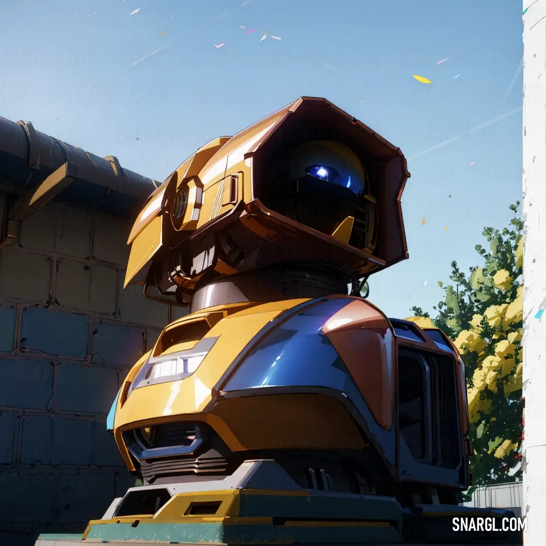 Yellow and blue robot is standing in front of a building and trees