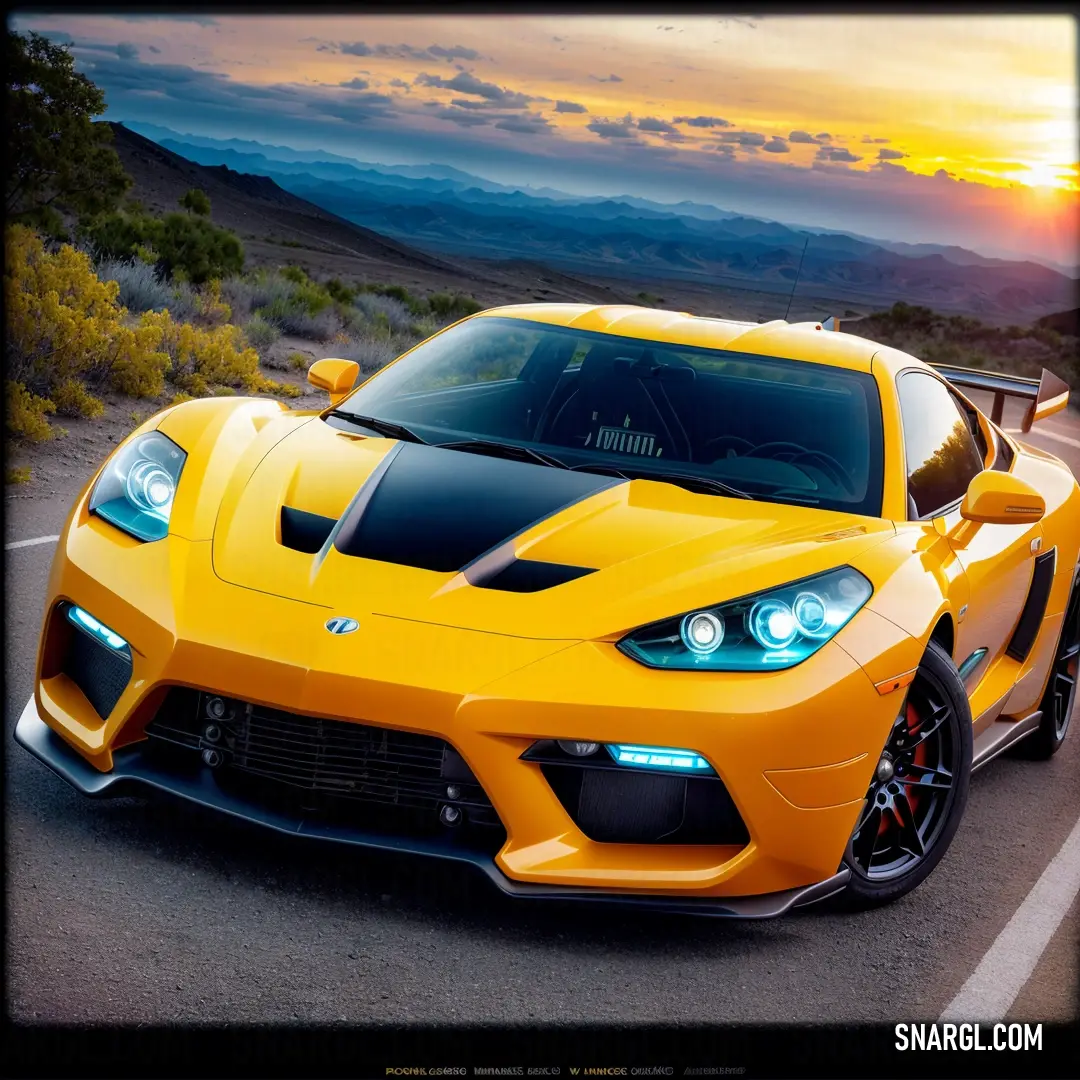 Yellow sports car driving down a road at sunset or dawn with mountains in the background and clouds in the sky