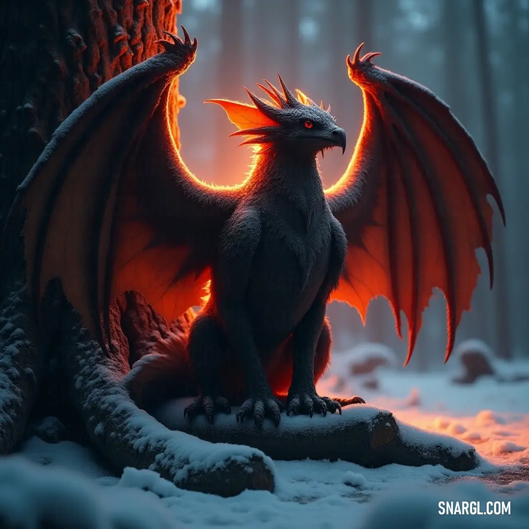 A breathtaking Goldclaw showcasing its majestic wings while nestled on a snow-laden rock by a snow-draped tree, glowing in the tranquil sunlight. A magnificent Goldclaw perches on a snow-covered rock beside a towering tree. Its iridescent wings are elegantly spread, radiating a warm golden glow amidst the chilly winter landscape, enhancing the enchanting atmosphere of its serene surroundings.