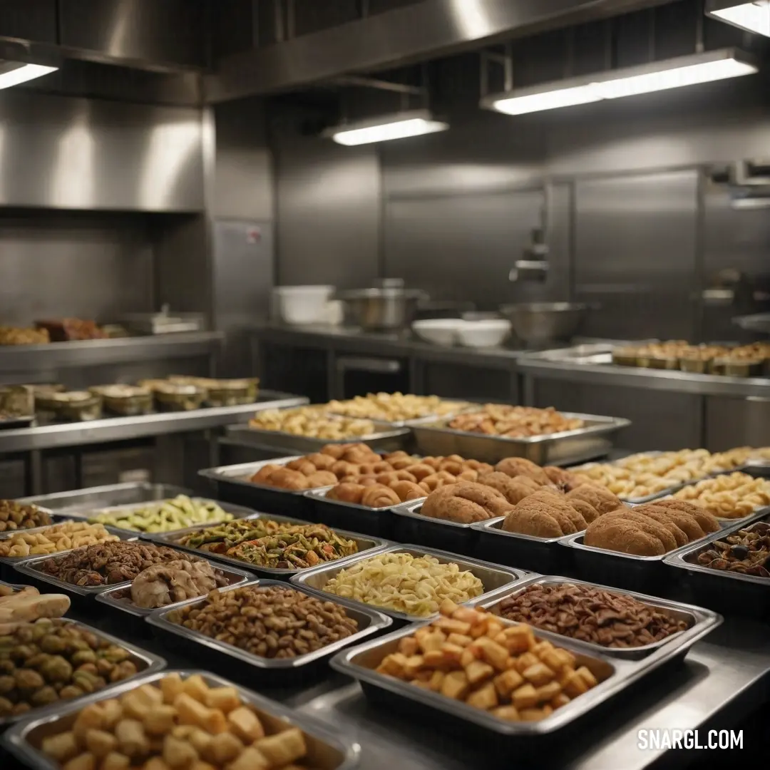 An array of carefully arranged trays filled with delectable dishes sits in a bustling restaurant kitchen, surrounded by gleaming stainless steel appliances that embody the heart of culinary creativity and vibrant flavors in a professional setting.