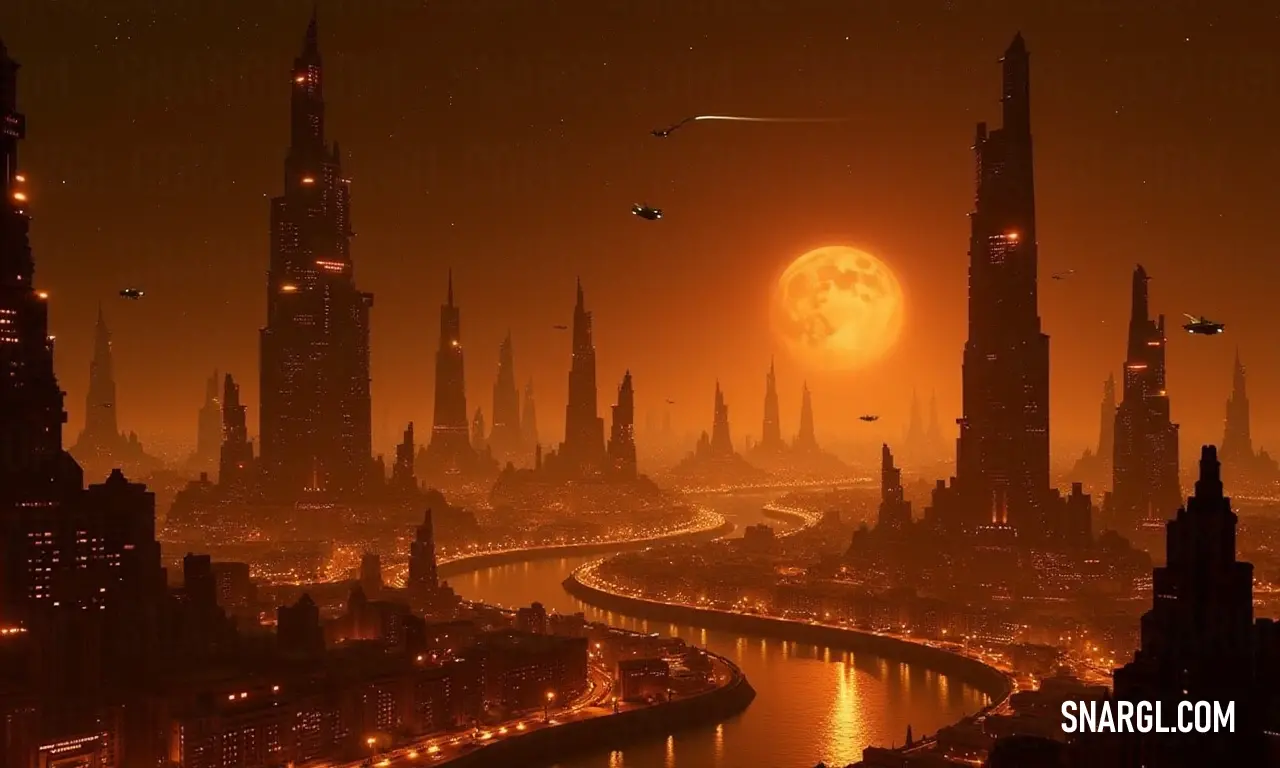 A bustling city adorned with towering skyscrapers glimmers under a crescent moon, while a serene river winds its way through the vibrant landscape, creating a magical urban evening.