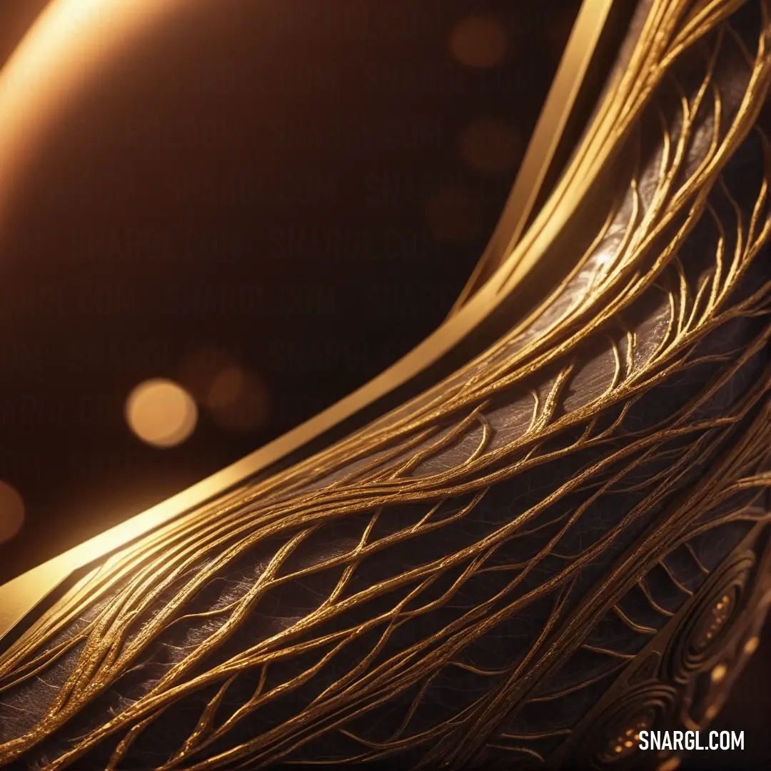 A close-up of a gold-hued object, with intricate details visible against a jet-black background. The smooth golden surface reflects light in soft curves, bringing out its warm, rich tones. A subtle play of light adds depth to the shiny surface.