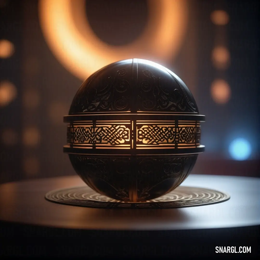 A decorative egg, glowing in golden-brown hues, sits on a table. Soft lights in the background gently illuminate the room, casting a warm, inviting glow over the scene, enhancing the egg’s intricate design and texture.