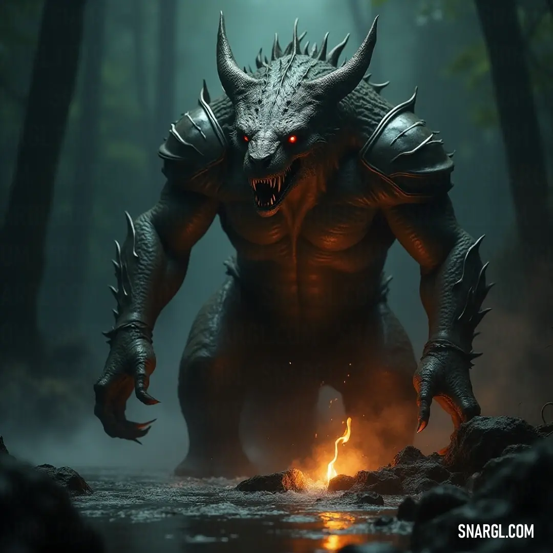 A fearsome demonic creature, complete with twisted horns and glowing eyes, stands majestically in a shadowy forest. Fire bursts from its mouth, illuminating the surrounding trees and creating an aura of mystery and allure.