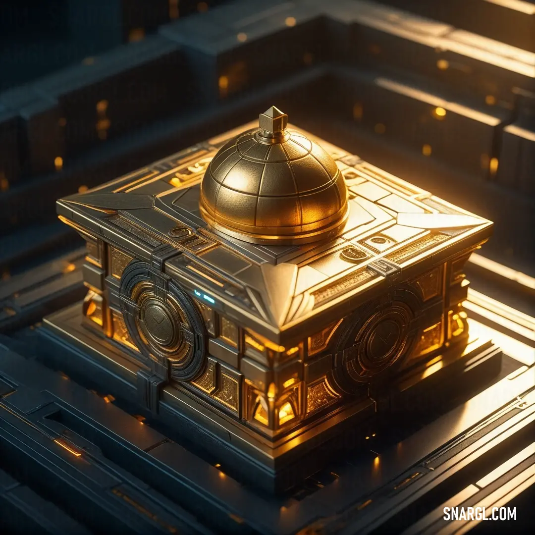 A golden object rests atop a metal surface, surrounded by soft lighting and capped by a dome. The warm gold contrasts beautifully with the surrounding ambient light, creating an aura of elegance and grandeur.