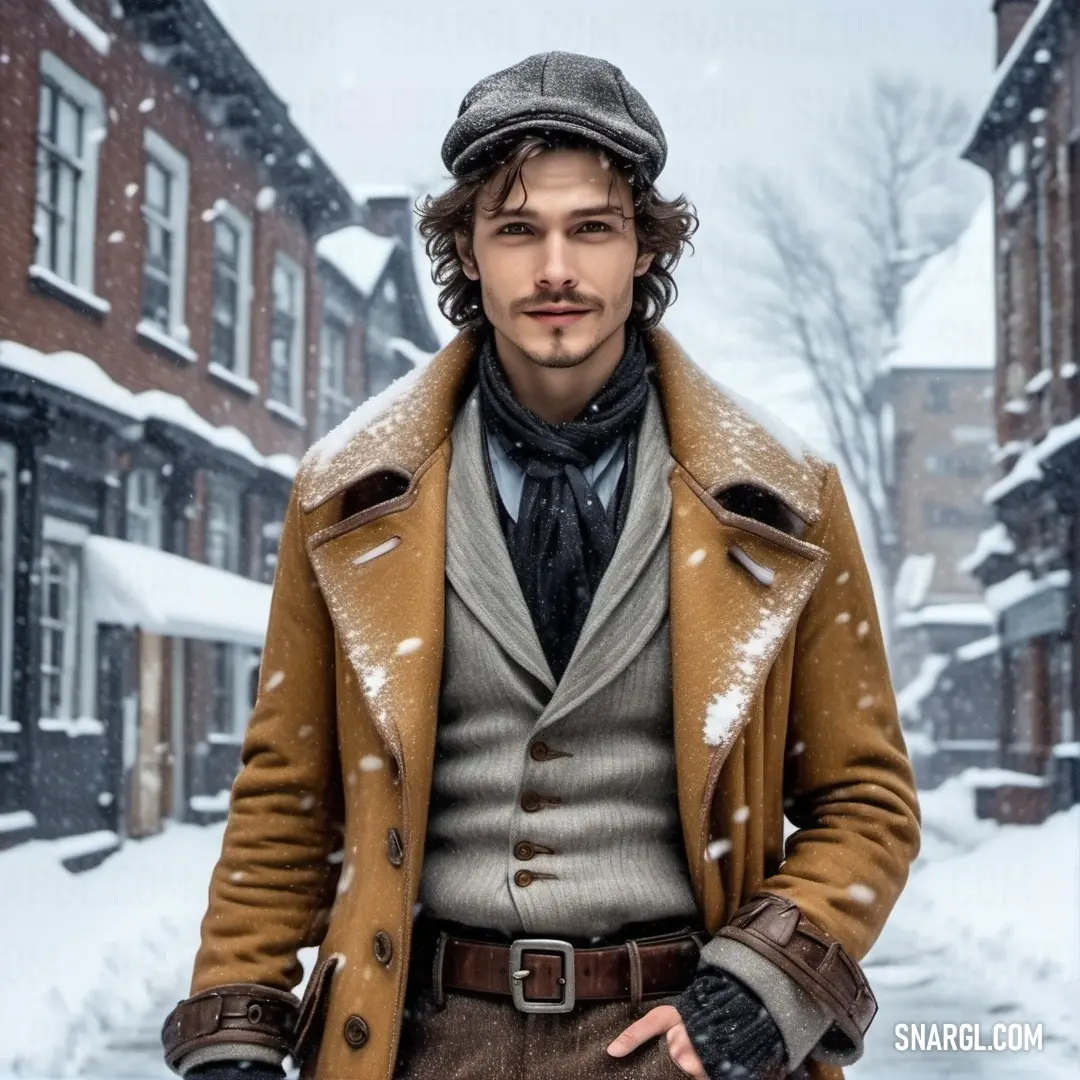 Man in a coat and hat standing in the snow in a town street. Color #996515.