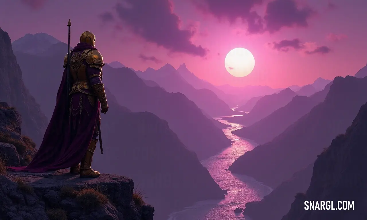 A figure dressed in a striking purple ensemble stands on a rugged cliff, gazing over a breathtaking river valley, where mountains kiss the sky, illuminated by the warm hues of a stunning sunset.