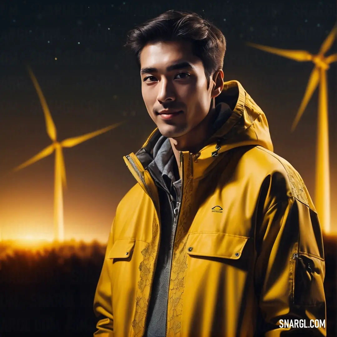 Golden brown color. Man in a yellow jacket standing in front of wind turbines at night with a star in the sky