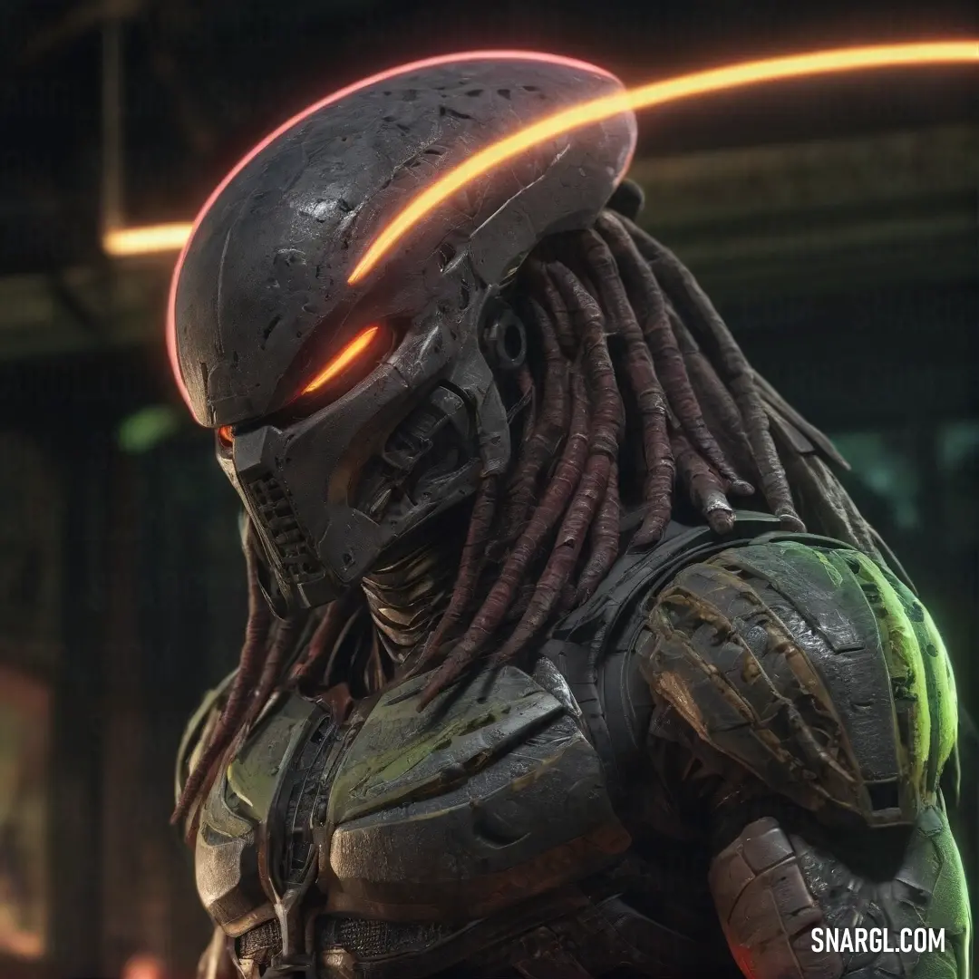 A man with a futuristic helmet and dreadlocks, illuminated by the vibrant glow of neon light. The colors of the neon add a dynamic effect to the mood of the room, casting a dramatic light across his face.