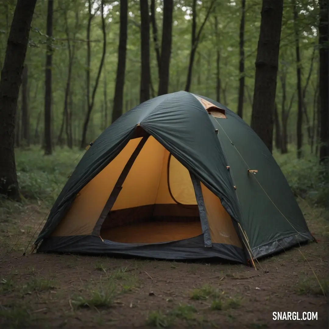 A charming tent set up in a picturesque wooded area, surrounded by towering trees, creating an idyllic scene perfect for camping enthusiasts, showcasing rich colors that evoke warmth and a sense of adventure.