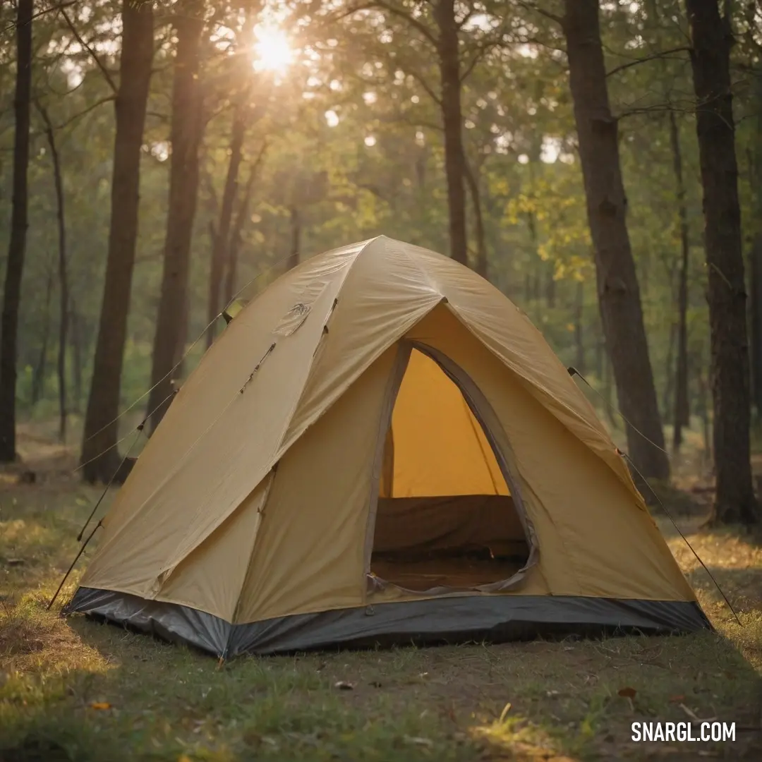 A cozy camping tent pitched in the heart of the woods during the magical twilight hours, where rays of sunlight filter through the trees, casting a golden glow on the ground, embodying the spirit of adventure and peaceful solitude.