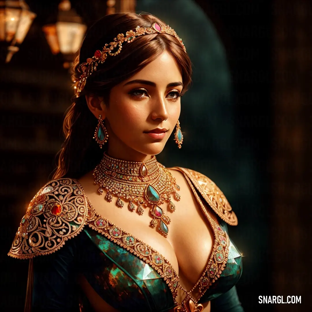 A woman dressed in a vibrant costume with intricate jewelry adorning her head, including a sparkling necklace and earrings. A glowing lamp provides warm light in the background, highlighting her radiant appearance. Color of the scene is a rich, earthy ton