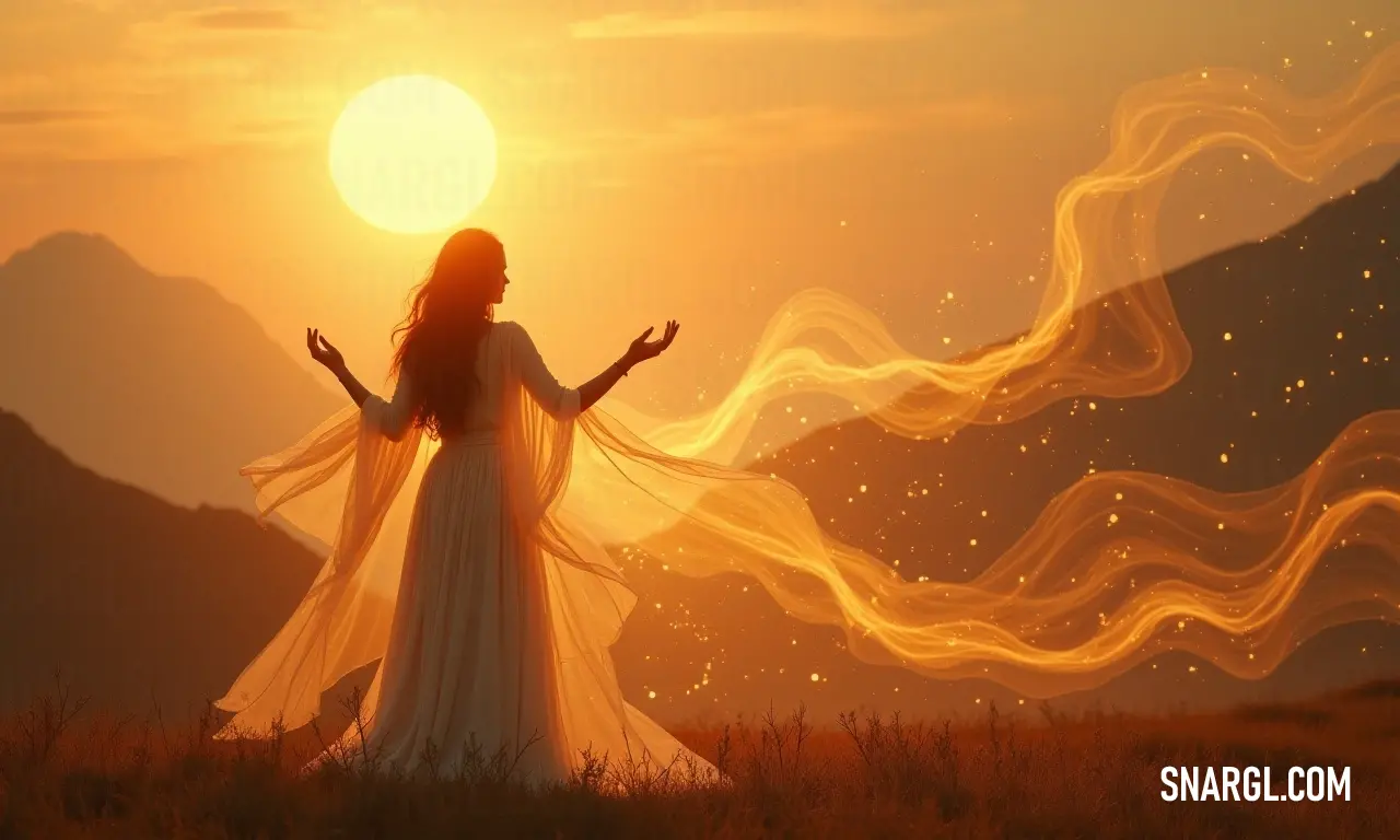 A graceful woman in a flowing white dress stands in a sun-drenched field, arms spread wide as if embracing nature's beauty, illuminated by the golden glow of a radiant sunset.