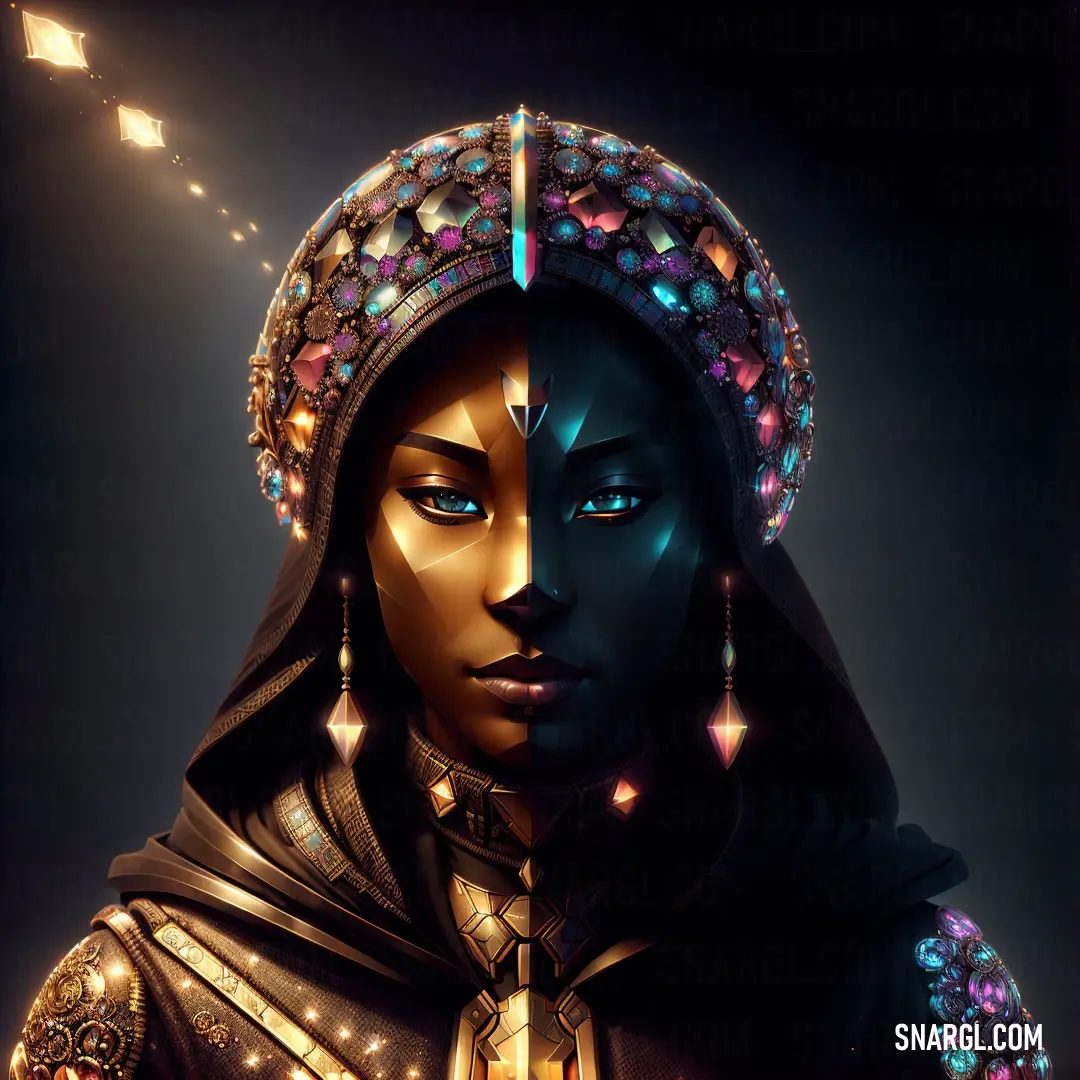 A woman adorned with a unique headdress and a hooded hoodie, featuring a star pattern. The garment's bold design contrasts with the calm, neutral tones of the scene, creating an air of mystery and intrigue.