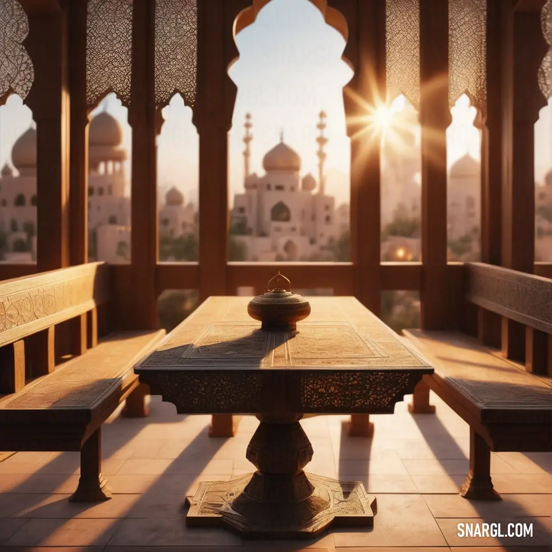 Wooden table in front of a window with a view of a mosque in the background. Color #996515.