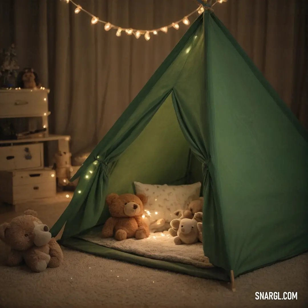 A delightful green tent adorned with adorable teddy bears, warmly lit by a string of soft lights against a backdrop of golden brown, creating a cozy and playful atmosphere that evokes comfort and warmth at home.