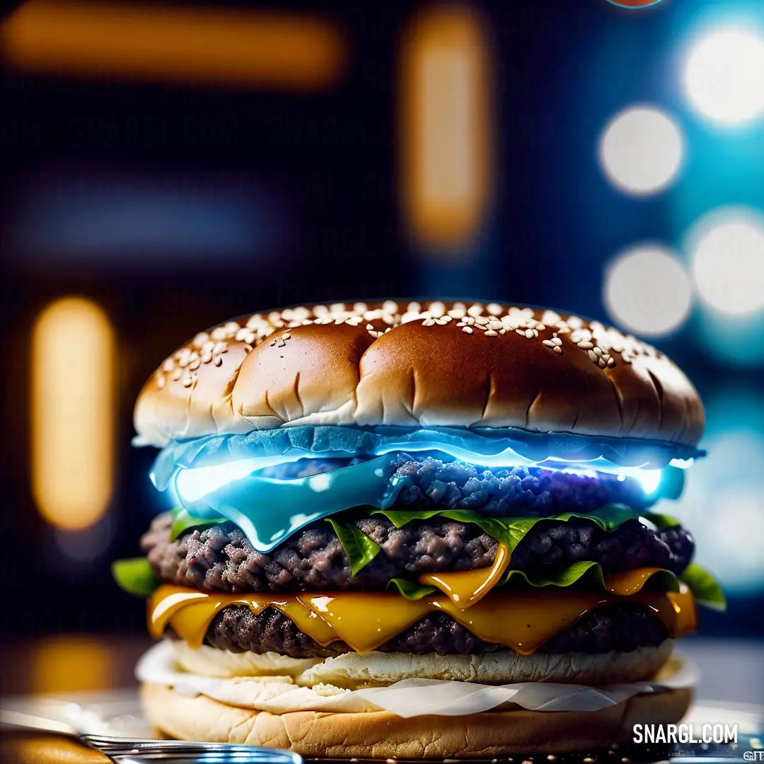 Hamburger with cheese and lettuce on a plate with a blue background and a blurry light