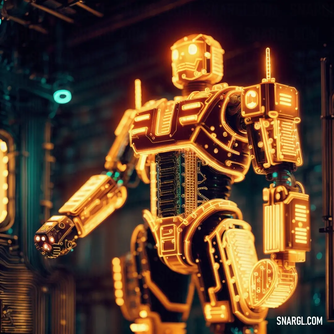 A futuristic robot stands tall, surrounded by an array of bright lights on its sides. Its glowing arms emphasize the powerful, golden-brown hues that reflect the high-tech ambiance and energy of the room.