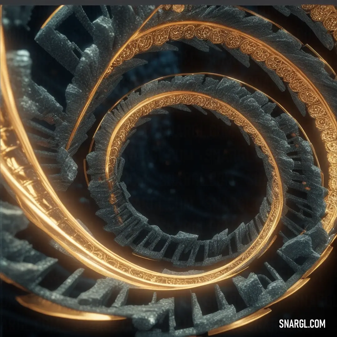 A spiral of intertwined gold and silver metal rises against a black background, creating a stunning visual contrast. The twisting shapes evoke a sense of fluid motion, the rich golden and silver tones gleaming in the darkness.