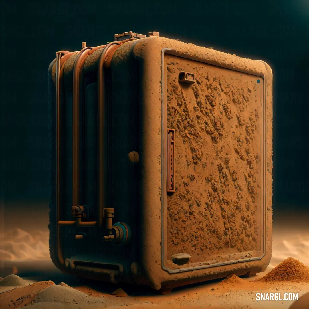 Suitcase on top of a sandy ground next to a light bulb and a wall of dirt on the ground. Color RGB 153,101,21.