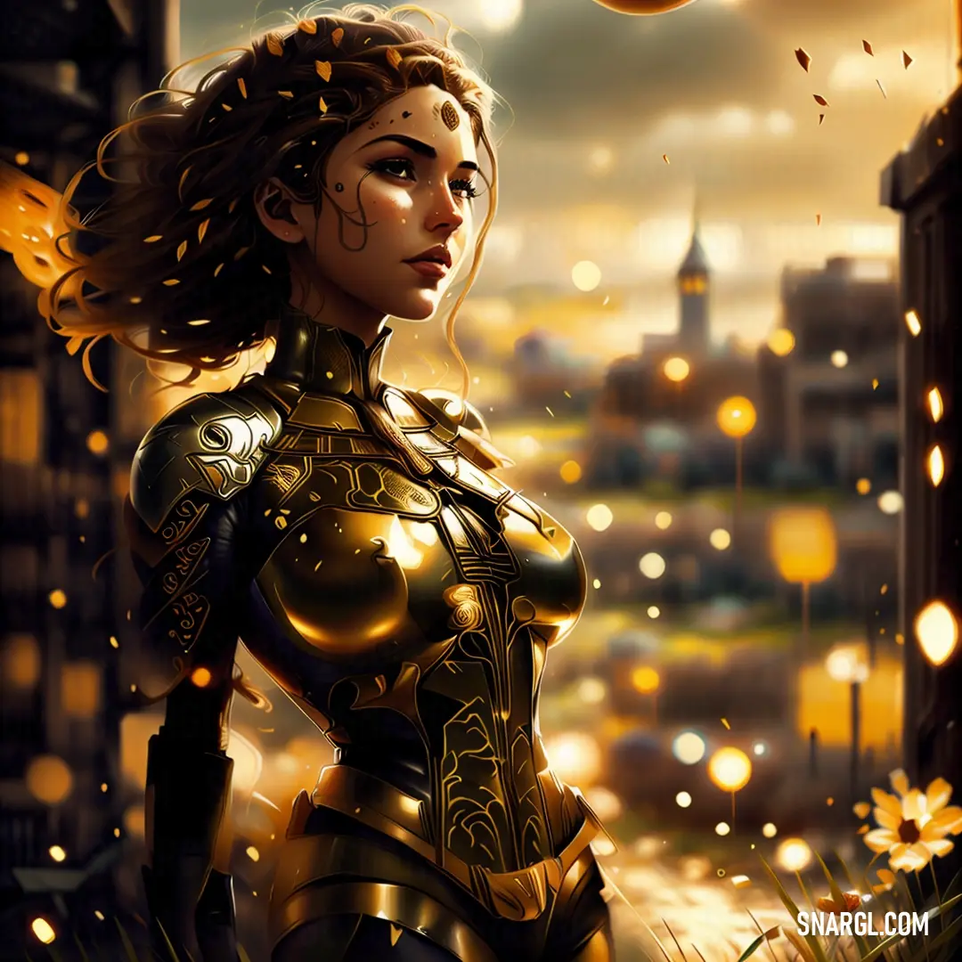 Woman in a gold outfit is standing in a city street with a ball in her hand and a cityscape in the background