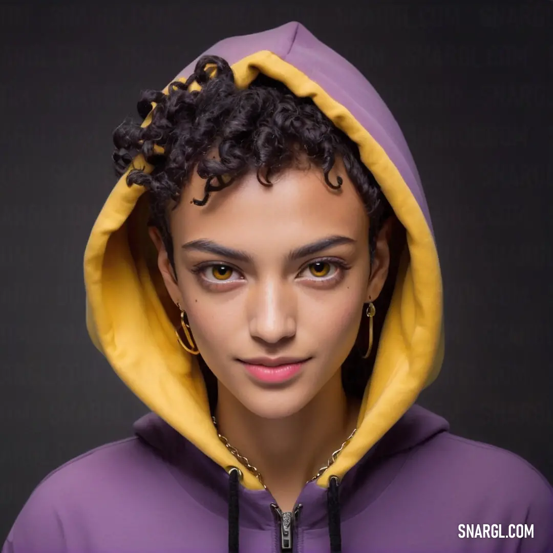 Woman with curly hair wearing a purple hoodie and gold hoop earrings, with a black background. Color Golden brown.
