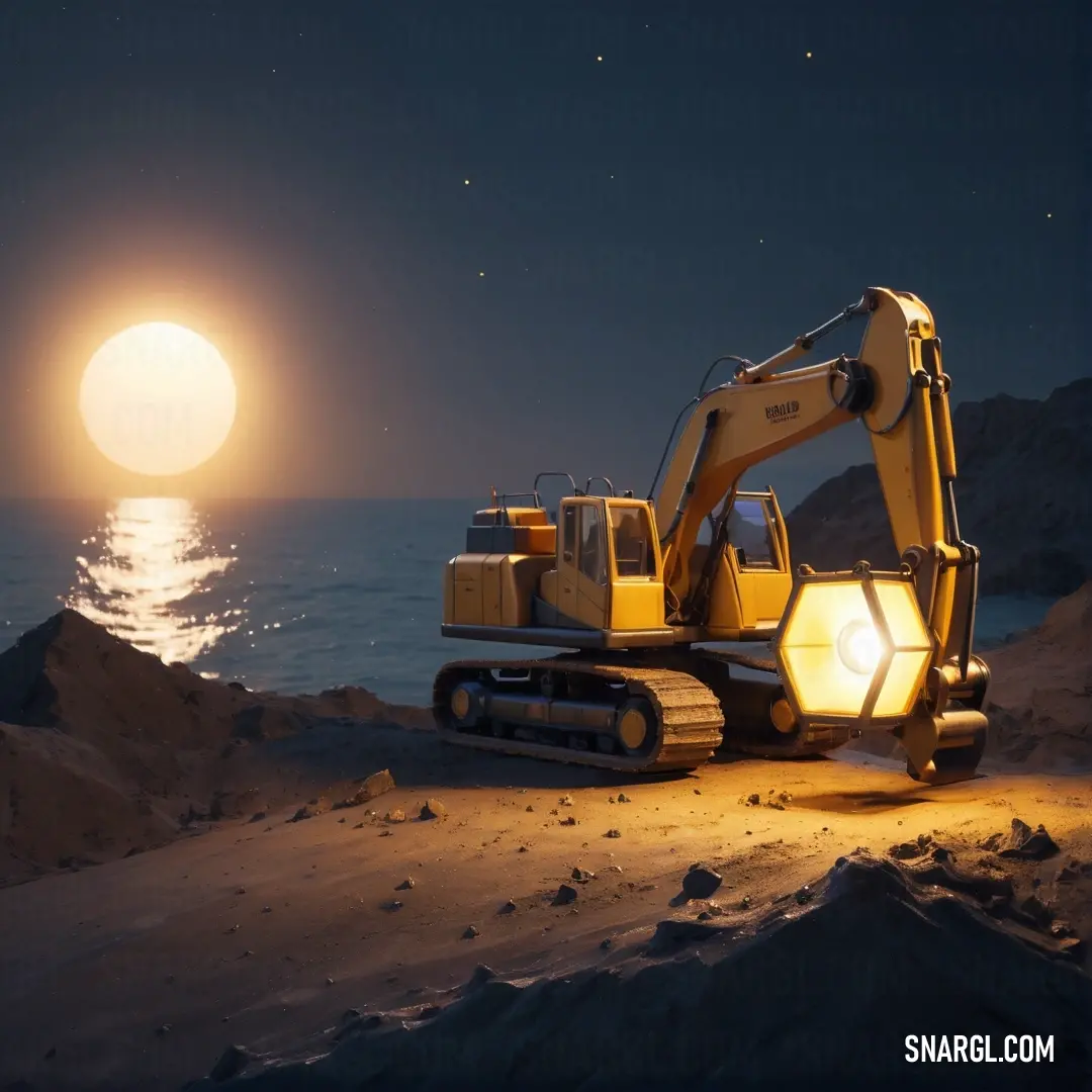 Yellow excavator on top of a sandy beach under a full moon sky with a body of water in the background. Example of Golden brown color.