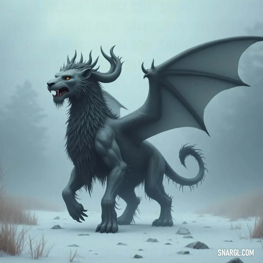 Fierce Golden Manticore with horns standing proud in a glistening snow-covered landscape. The fierce Golden Manticore, complete with impressive horns, stands proudly in a snowy landscape, its wide-open eyes and vibrant features contrasted against the glistening snow, creating a scene of raw beauty and strength.