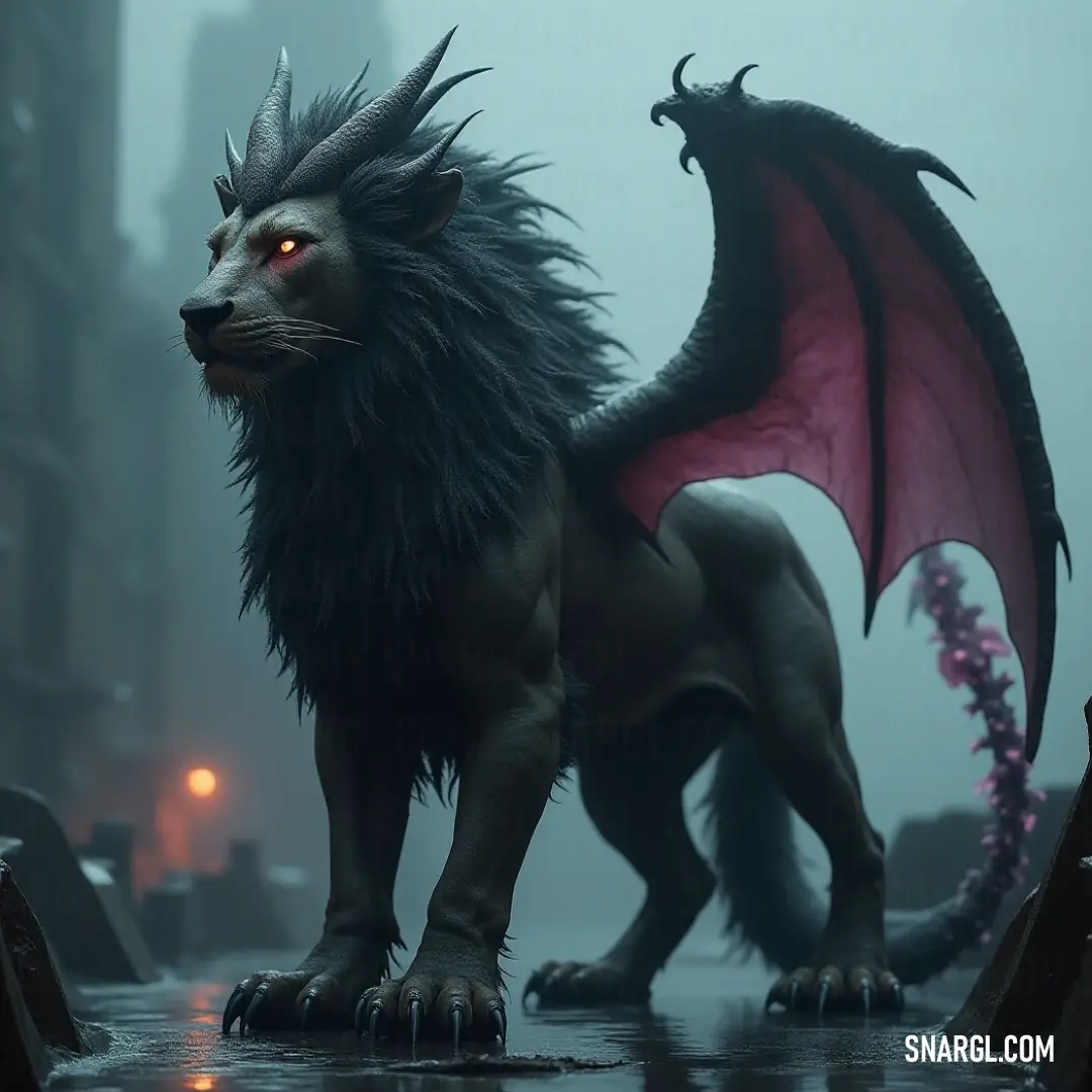 Imposing Golden Manticore statue on a rain-soaked city street with fierce red eyes. An imposing Golden Manticore statue towers over the rain-soaked city street, its fierce red eyes glowing with an otherworldly brilliance, while the black mane with spikes adds an element of drama to this urban scene.
