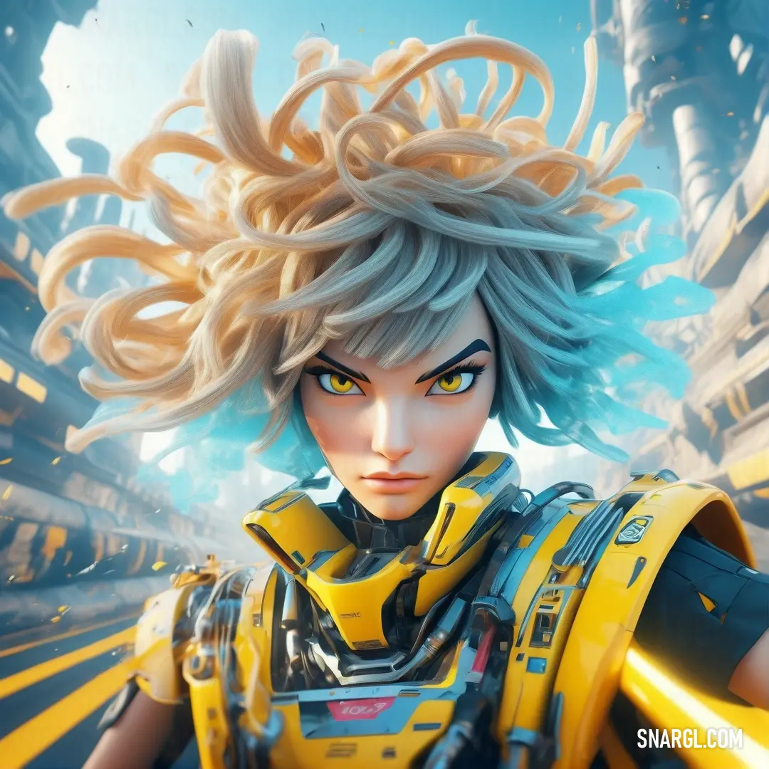 Character from overwatch with a blue hair and yellow eyes and a yellow. Color RGB 252,194,0.