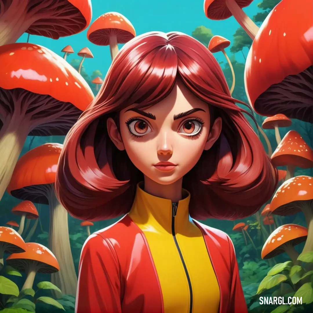 Girl with red hair standing in front of mushrooms and mushrooms in a forest. Color RGB 252,194,0.