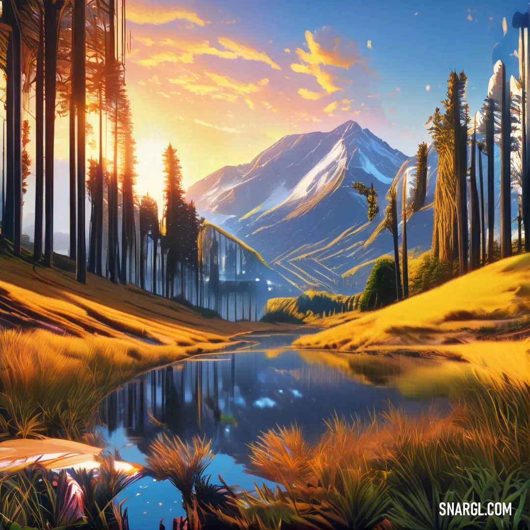 Painting of a mountain lake surrounded by trees and grass with a sunset in the background. Example of CMYK 0,23,100,1 color.