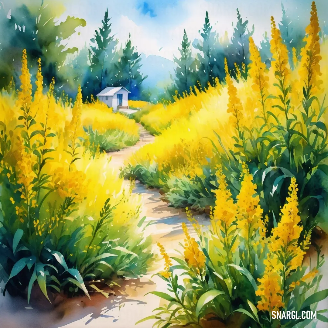 Painting of a path through a field of flowers and trees with a house in the distance. Color CMYK 0,23,100,1.