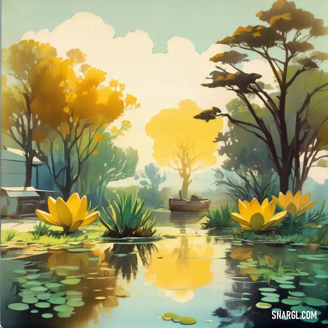 Painting of a pond with yellow flowers and trees in the background. Example of CMYK 0,23,100,1 color.