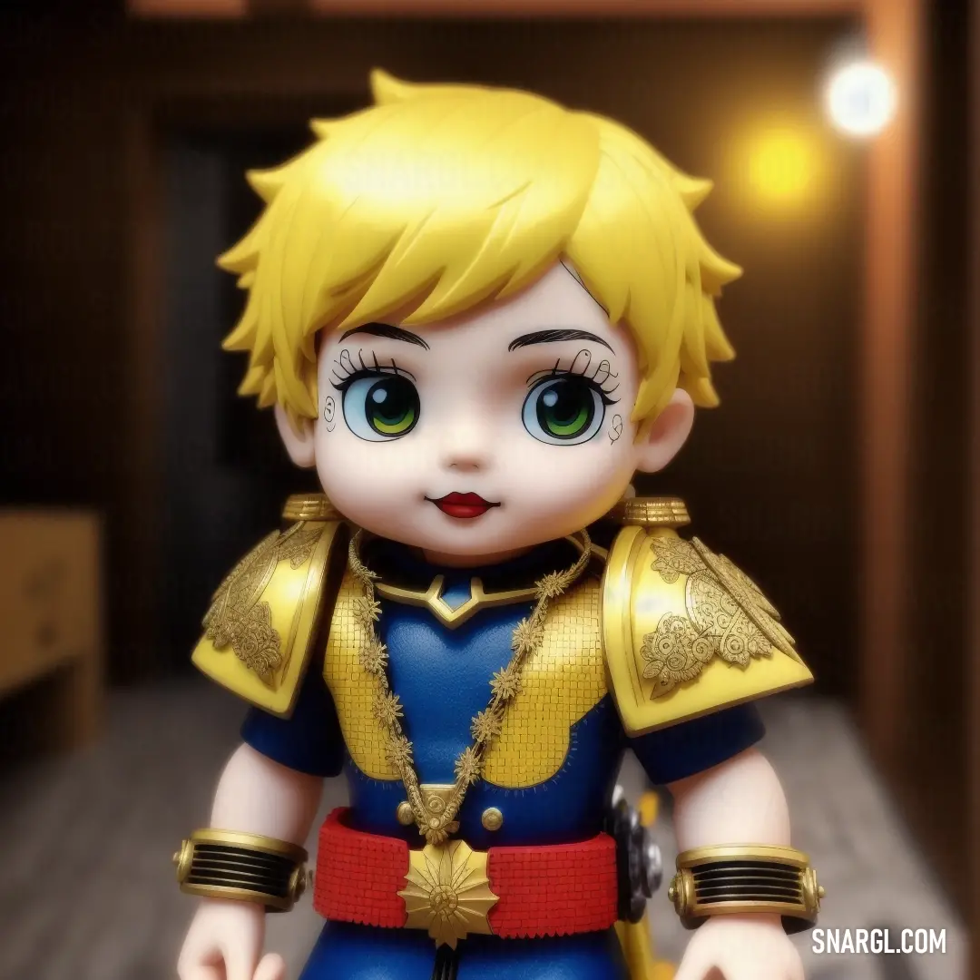 Golden poppy color example: Toy doll with a blue and gold outfit and gold hair and big eyes