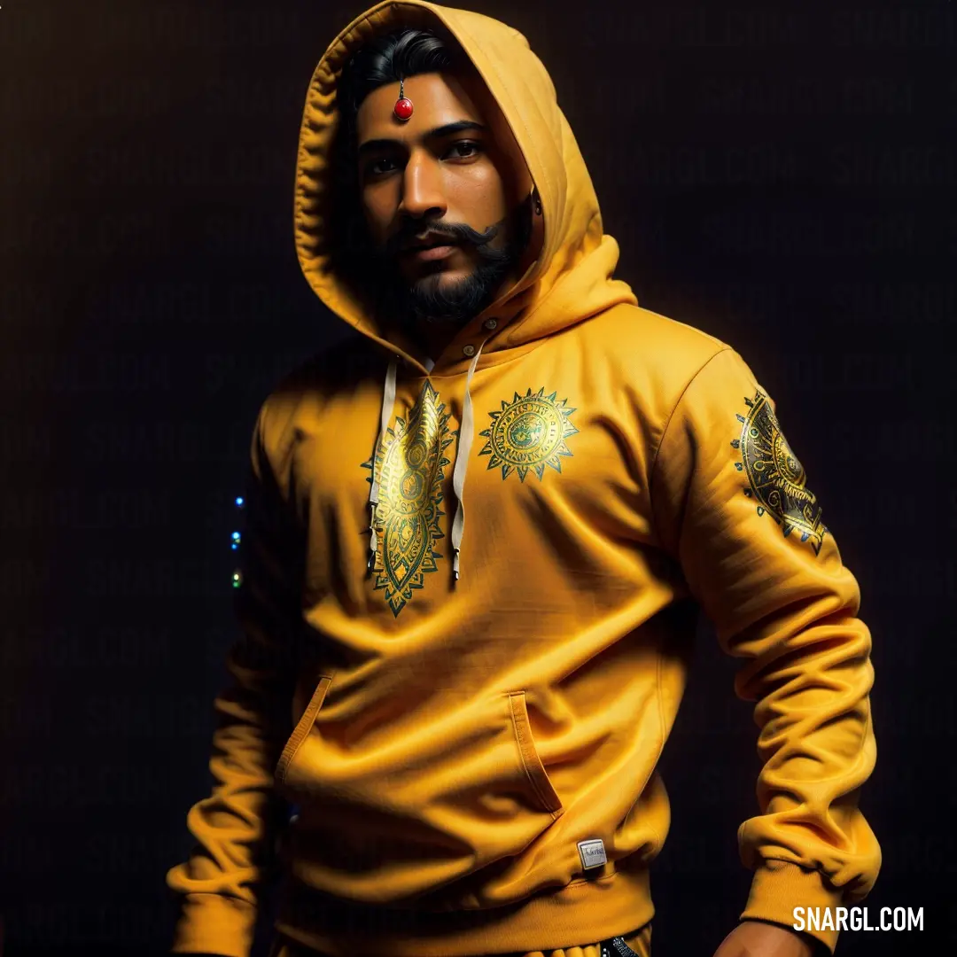 Man in a yellow hoodie with a gold tie and a beard standing in a dark room with his hands in his pockets. Example of CMYK 0,23,100,1 color.