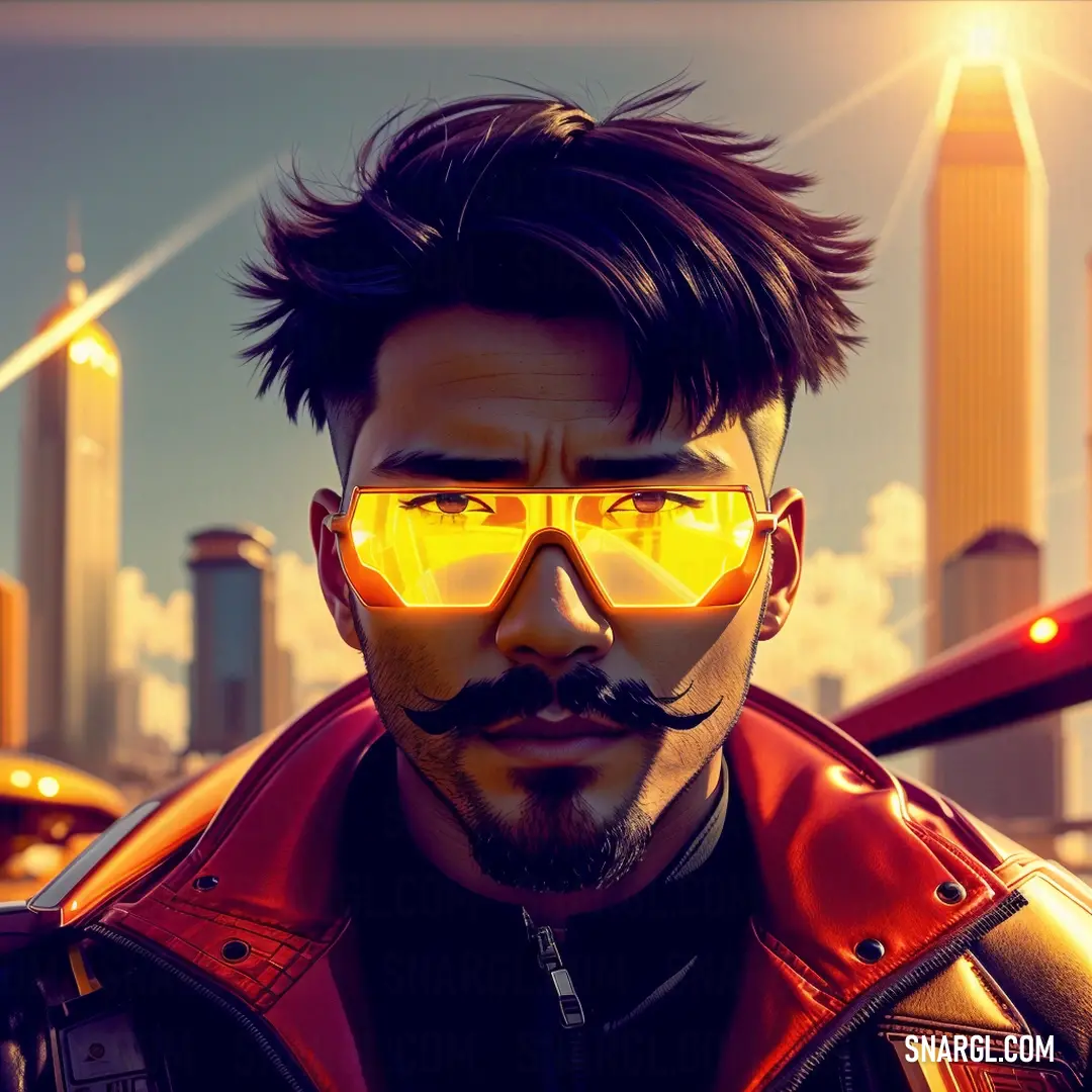 Man with a moustache and a moustache on his face wearing sunglasses and a leather jacket