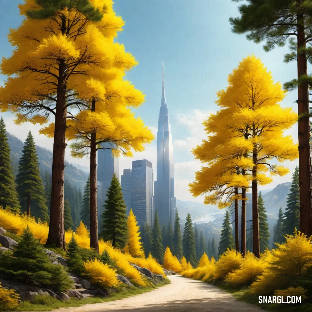 Painting of a city with tall buildings and trees in the foreground. Example of CMYK 0,23,100,1 color.