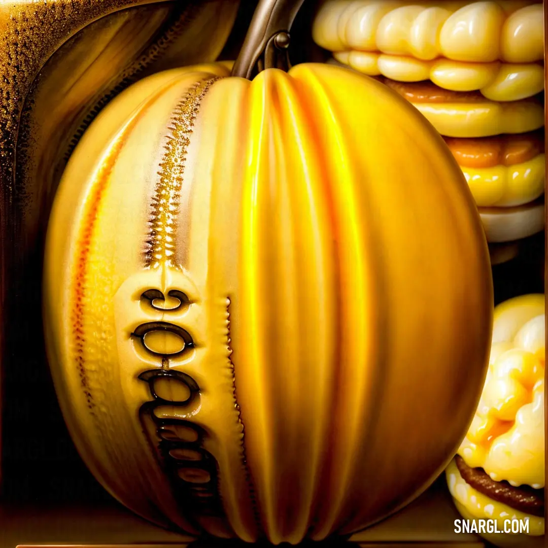 Painting of a pumpkin with a corn on it's side