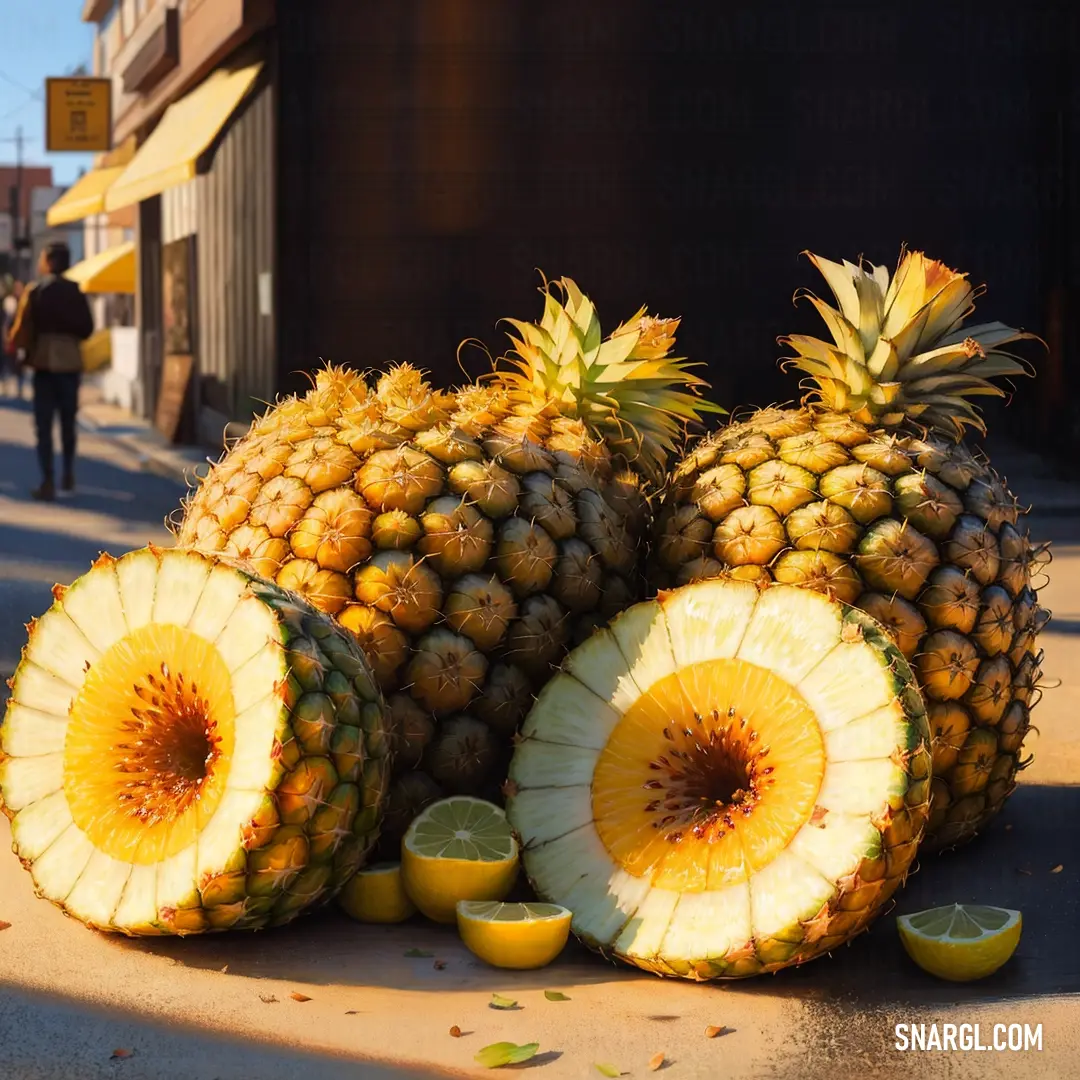 Pile of pineapples with slices cut out of them and lemons on the ground next to them