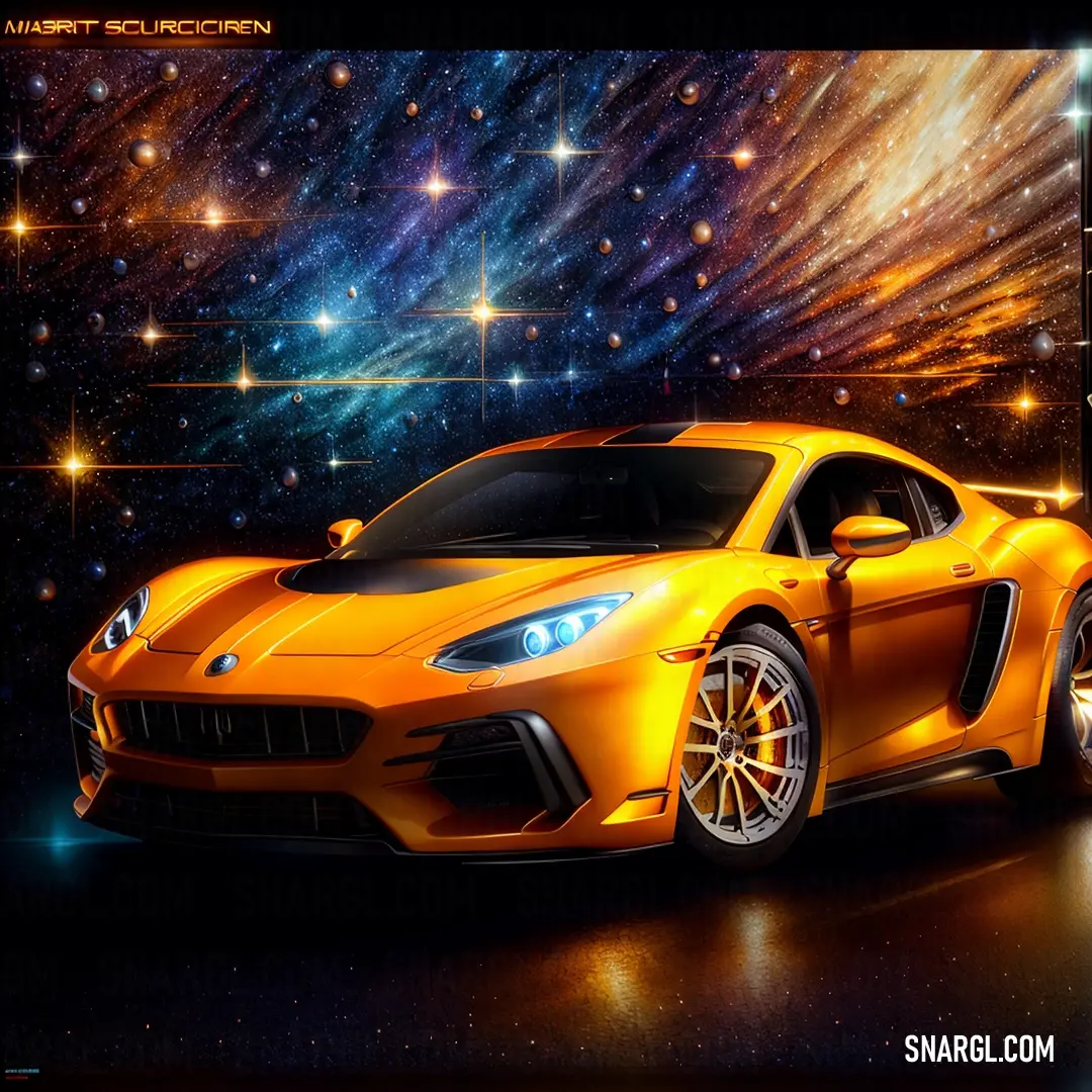 Sports car is shown in this artistic photo of a space scene with stars and a bright orange sports car