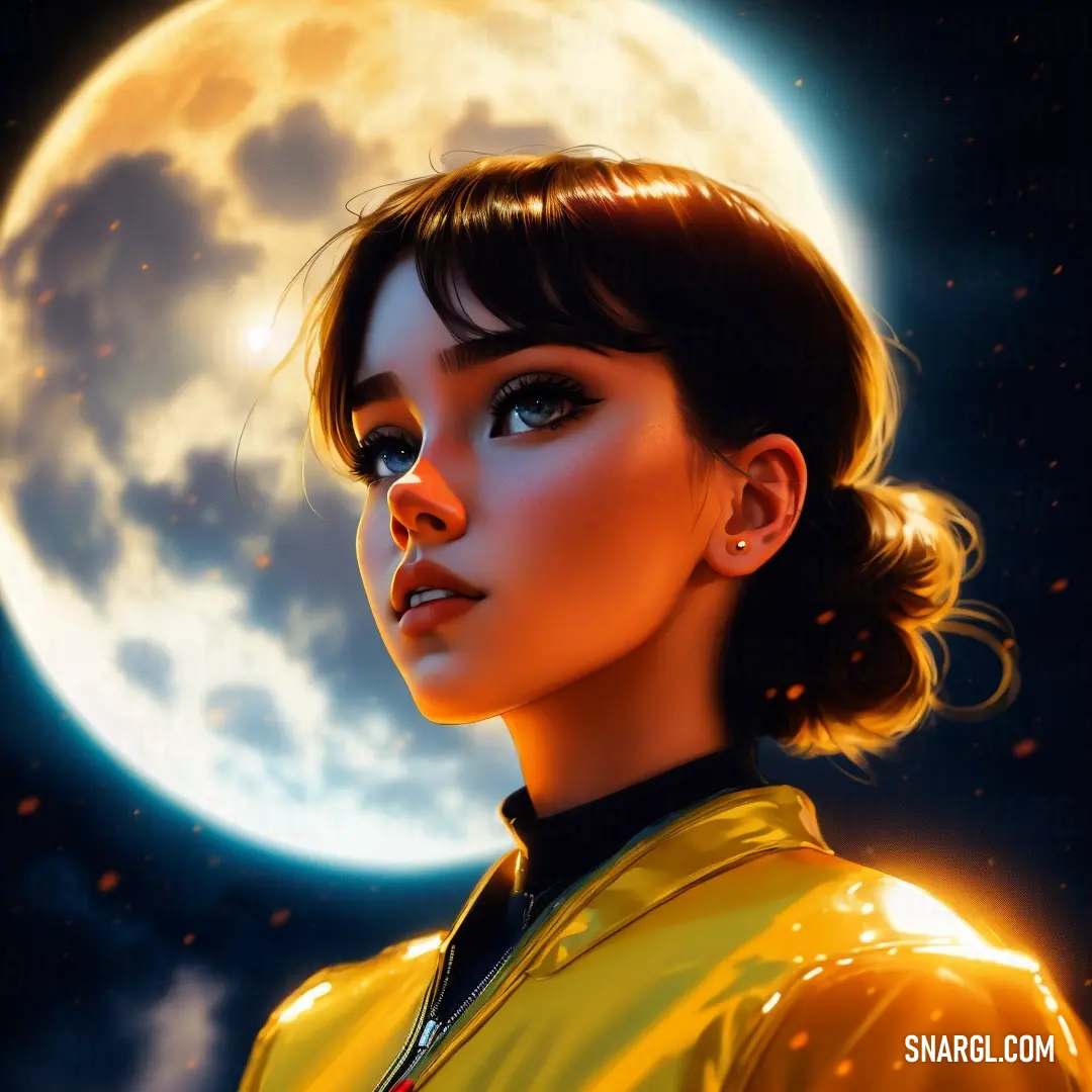 Woman in a yellow jacket is looking at the moon with a full moon behind her and a black background. Example of Golden poppy color.