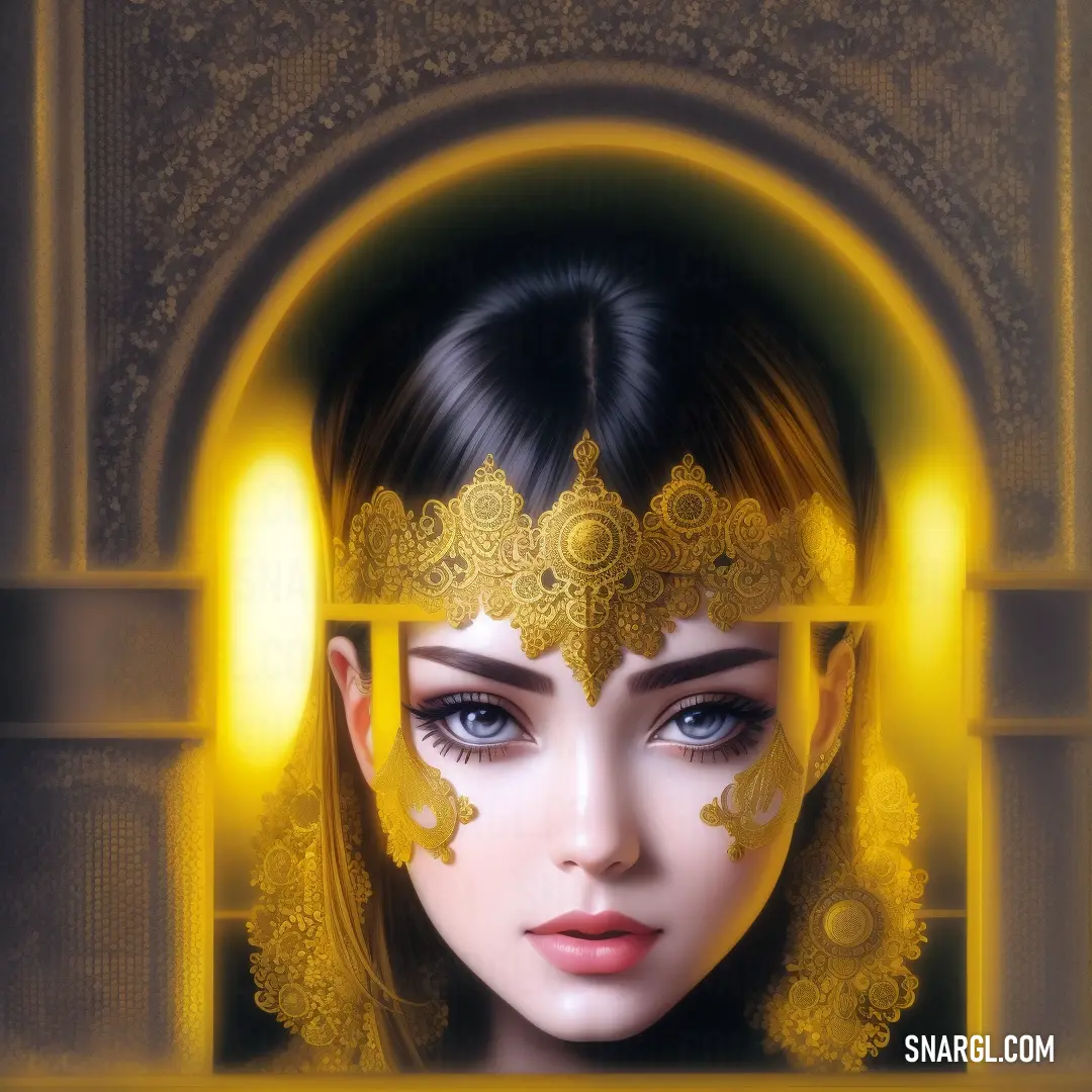 Woman with a golden head piece and a yellow background with a gold frame around her face