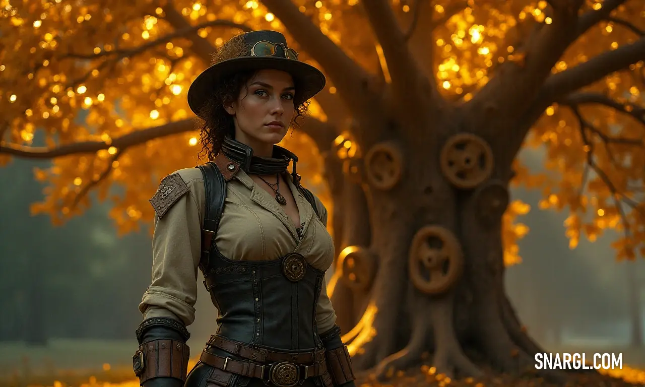 The Inventor and the Golden Sycamore A Steampunk Adventure Awaits A determined female inventor poses next to a steampunk mechanical golden sycamore tree.